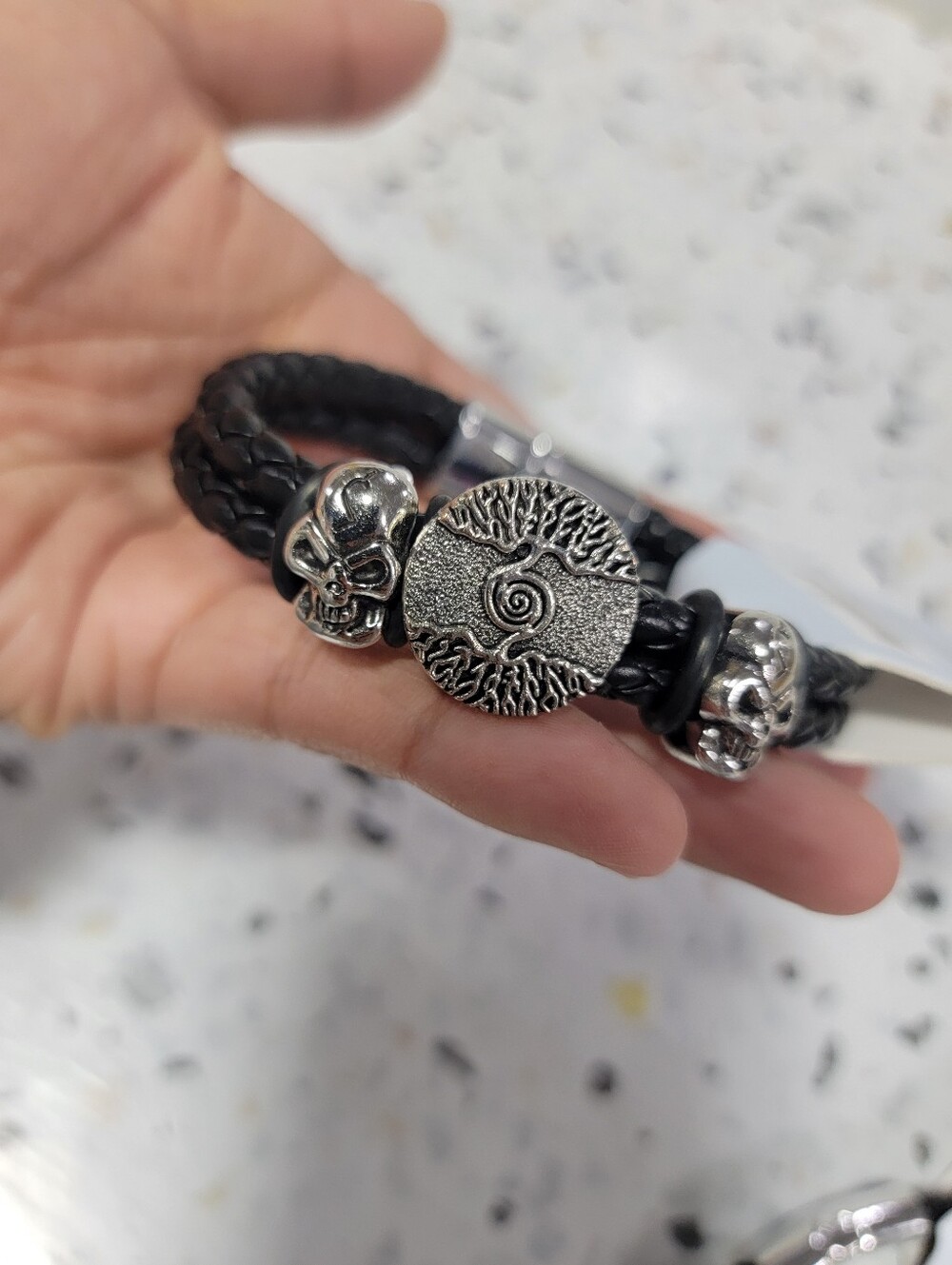 Men's Black Braided Leather Bracelet with Silver Tree & Skull Accents